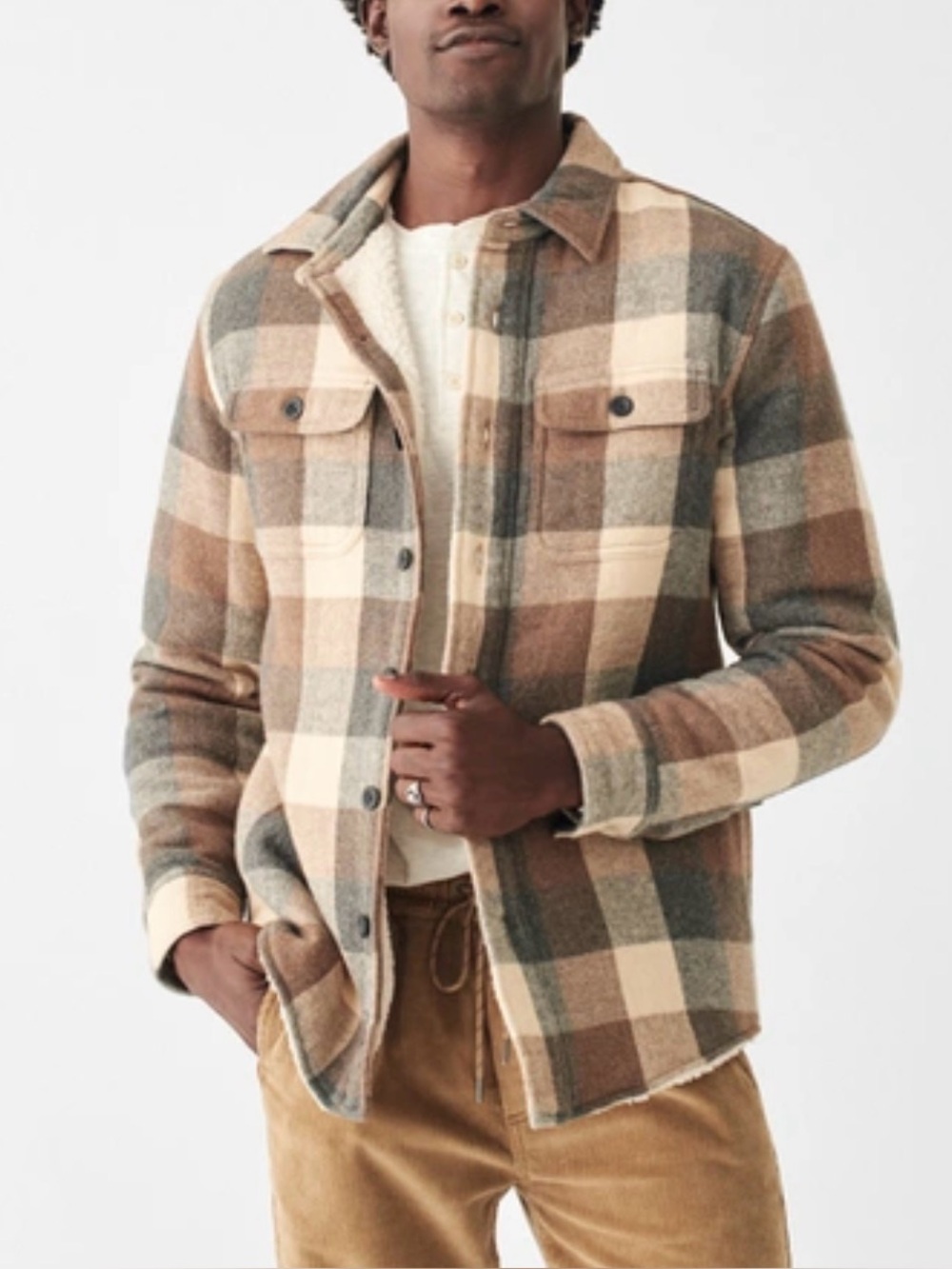 Faherty High Pile Fleece Shirt Jacket Plaid Western Prairie Buffalo Large Wool